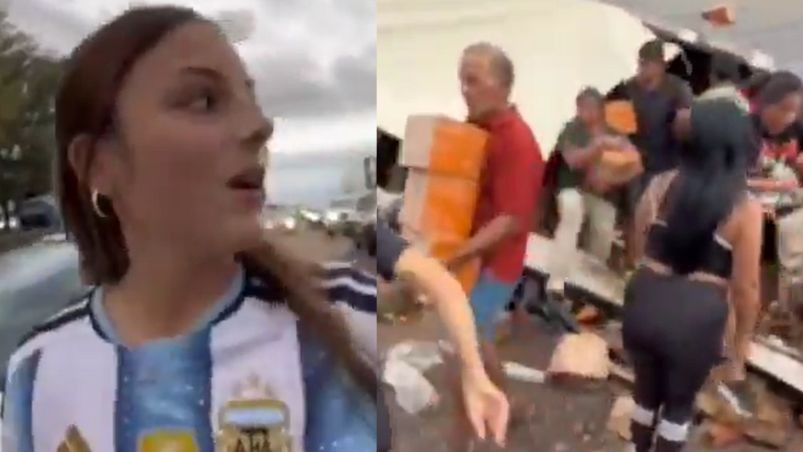 De accidente a botín: Volcó un camión y una influencer se filmó saqueando la carga